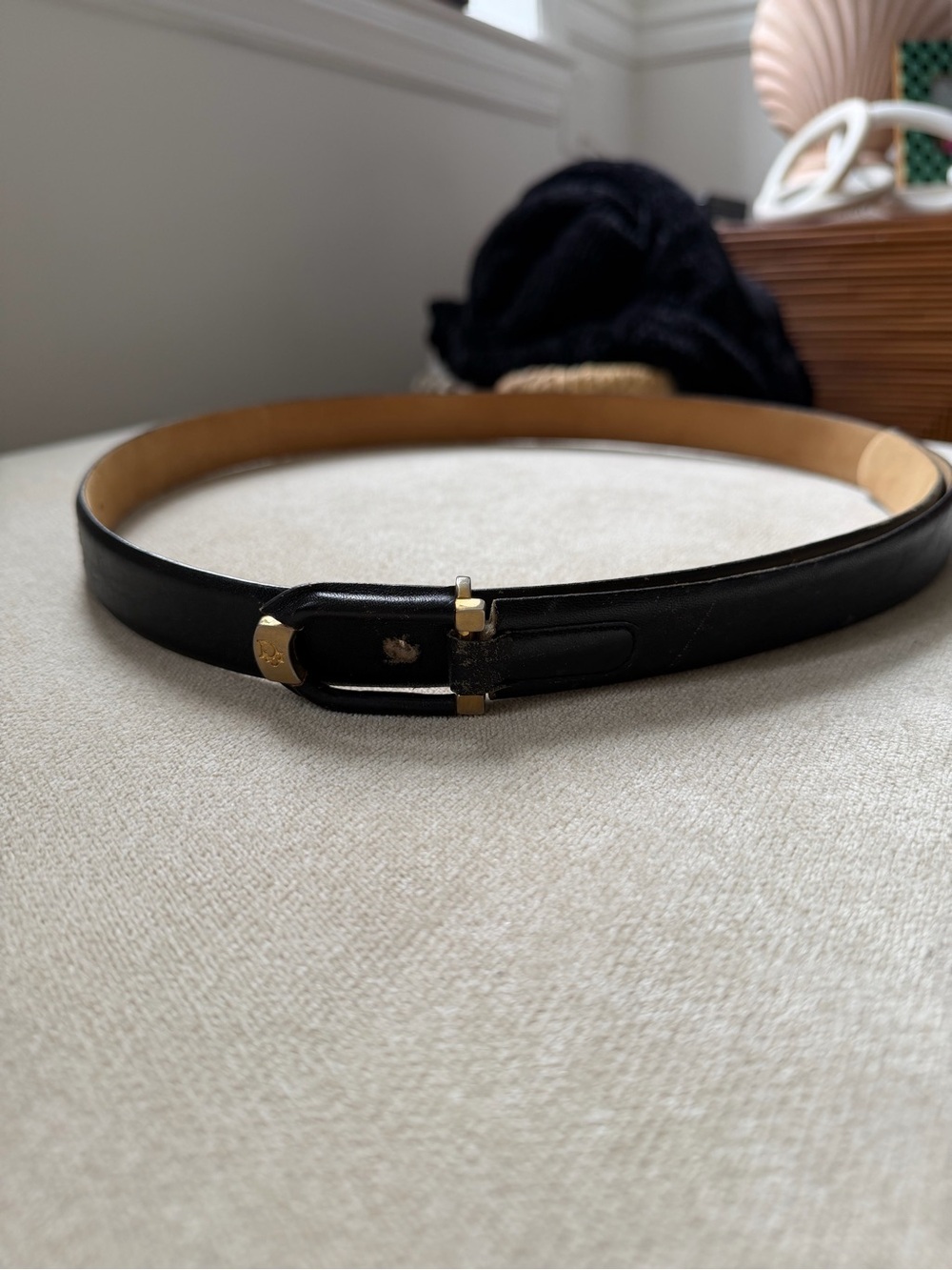 Christian Dior vintage black leather belt gold hardware
